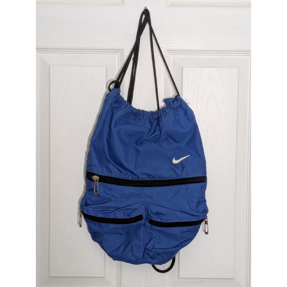 Nike Blue Drawstring Backpack Cinch Bag with Zipper Pockets Swoosh Logo